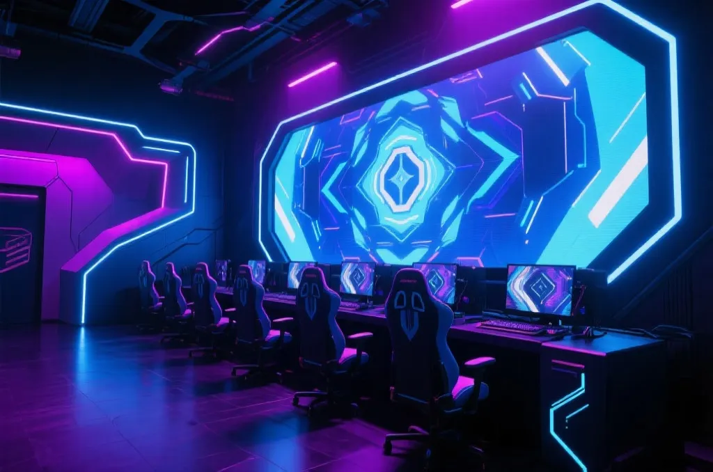 A futuristic esports arena with neon blue and purple lighting, gaming chairs and setups, massive background screen with abstract graphics